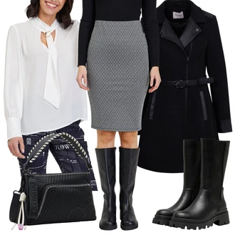 Outfit s Šedá/Tmavě modrá/Vínová/Tmavě šedá Tvídová Sukně/Houndstooth Sukně/Pletená sukně/Zimní Sukně orsay "Outfiti na zimu"