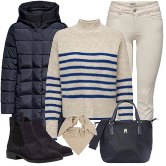 Veslování Outfit s Hnědá/Modrá/Béžová/Šedá Svetr Carmen/Mohair Pullover/Svetr Niki/Pruhovaný Svetr/Vlněný Svetr Only "Outfity na zimu"Look: Volný čas, Bowling, Kriket, Veslování, Ragby