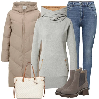 Prošívaný Outfit s Hnědá/Béžová/Khaki Zimní Kabát/Dlouhý Zimní Kabát/Dlouhý Péřový Kabát/Prošívaný kabát/Péřový Kabát JdY "Módní zimní outfit"