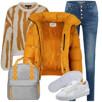 Outfit s Žlutá/Oranžová Bunda Zimní Bund/Letní peřová Bunda/Nafukovací Bund/Prošívaná Bunda/Puchová Bund/Udržitelná Bunda Pepe Jeans "Outfity na zimu"