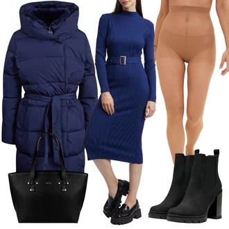 Zapínání na knoflíky Midi Žebrovaný Outfit s Modrá/Tmavě modrá Dlouhé pletené šaty/Šaty S Vysokým Výstřihem/Zimní Pletené Šaty/Svetrové Šaty/Šaty S Rolákem/Šaty s Páskem orsay "Outfity na zimu"