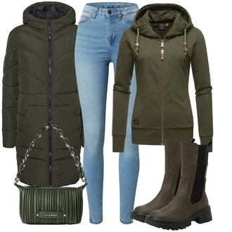 Outfit s Tmavě zelená Chelsea Boty/Klasická kozačka/Motorkářská bota/Jezdecká Bota/Holínky/Nepromokavá kozačka/Bota se širokým nohavici/Motorkářská Bota Mustang "Outfity na zimu"