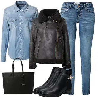 Motorka Zima Outfit s Černá/Tmavě šedá/Šedá Neobvyklá Bunda/Kožená vintage Bunda/Kožené Bund/Bunda z Jehněčí Kůže/Kožená Bomber Bund/Motorkářské Bund/Pilotní Bunda Superdry "Outfity na zimu"Look: Volný čas, Jízda na koni, Motorka