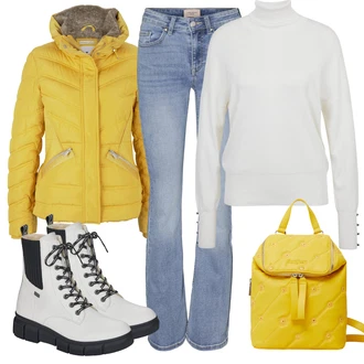 Outfit s Šedá/Tmavě modrá/Bílá/Krémová/Světle šedá Šněrovací Kotníková Bota/Bojová Bota/Gumová Kotníková Bota/Kožená bunda/Zimní tenisky Rieker "Outfity na zimu"
