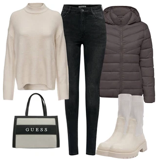 Outfity na zimu s hlubokým výstřihem s Tmavě šedá/Šedá Taška Přes Rameno/Shopper taška/Látková taška/Pánská taška/Taška Na Rameno/Průhledná taška/Dopisová peněženka Guess "Outfity na zimu"