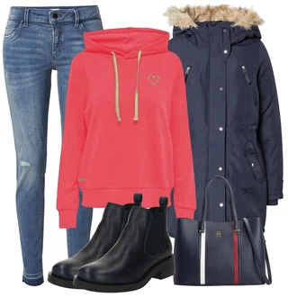 Outfit s Modrá/Tmavě Modrá/Světle Modrá Chelsea Boty/Gumová Kotníková Bota/Plochá Kotníková Bota/Kožená bunda Apple of Eden "Outfity na zimu"