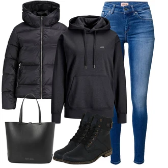 Outfit s Černá/Tmavě modrá/Modrá Kozačka Šněrovací Kotníková Bota/Klasická Kozačka/Kotníková Bota s Podšívkou/Bojová Bota/Plochá Kotníková Bota/Motorkářská bota Rieker "Outfity na zimu"