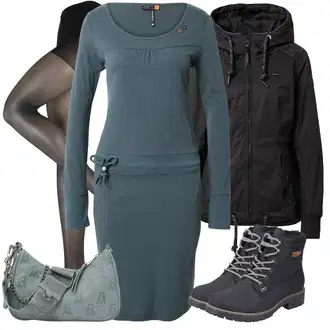 Punije Outfit sa Zeleno/Tirkizna/Siva/Tamnoplava/Plava Haljina/Haljina Veći Broj/Tunika Ragwear "Zimski outfit"