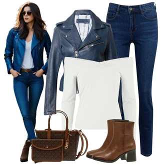 Outfit s Tmavě Modrá/Modrá/Světle Modrá Motorkářské Bund/Kožené Bund Bunda z Umělé Kůže/Kožená vintage bunda/Motorkářská bunda/Kožené Bund Oakwood "Perfektní pro zimu"