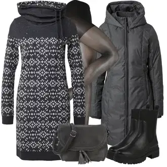 Nordijski uzorak Outfit sa Siva/Crna/Tamnosiva Pletivo Veći Broj/Tunika/Pletenina/Haljina Ragwear "Zimski outfit"