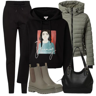 Outfit sa Smeđa/Crna/Ljubičasta Dukserica s kapuljačom S.Oliver "Zimski outfit za slobodno vrijeme"