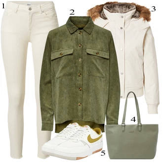 Shirt outfits mit Bež/Bela/Khaki Kavbojke Usnjena Jakna/Motoristične Kavbojke/Kavbojke z Razporkom/Kavbojka z Nizkim Pasom/Kavbojka z Nizkim Pasom/Push up Kavbojke/Ozke Kavbojke/Usnjene Čevlje/Termodžinsi Only "Zimski outfit"