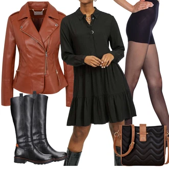 Áčkového Střihu Outfit s Černá/Hnědá Košilové šaty/Šaty Carmen/Šaty s dlouhým rukávem/Francouzské šaty/Halenkové Šaty/Šaty na Podzim Vila "Perfektní pro zimu"Look: Áčkového Střihu, Příliš oblečený