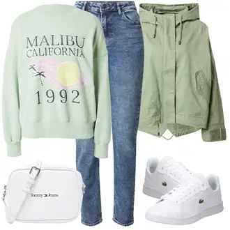 Outfit sa Svjetlozelena/Zeleno Sportska majica/Džemper Za Žene/Vintage majica s kapuljačom/Majica od flisa/Kožna jakna Abercrombie & Fitch "Zimski outfit"