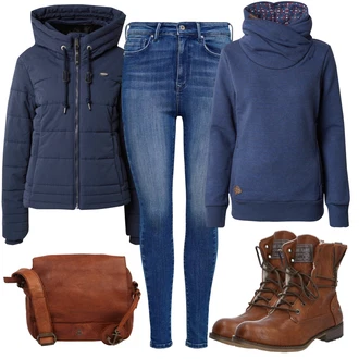 Outfit s Modrá/Tmavě modrá Prošívaná Bunda/Zimní Bund/Bunda s Kapucí/Bunda 2v1/Puchová Bund/Neobvyklá bunda/Nafukovací Bund/Podzimní bunda/Lyžařská bunda Ragwear "Perfektní na zimu"