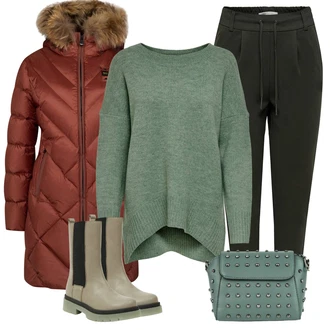 Outfit s Khaki/Tmavě zelená/Béžová/Hnědá Kozačka Kožená bunda/Gumová Kotníková Bota/Holínky/Chelsea Boty Tom Tailor "Perfektní pro zimu"