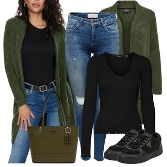 Elegantní Outfit s Černá Teniska Kožené Tenisky/Nízká Teniska/Úzká Teniska/Teniska na platformě/Teniska teddy Guess "Perfektní pro zimu"Look: Estetika, Šik, Elegantní, Fancy, Glamourové, Lak, Lev, Sportovní, Streetwear, Trendový, Unisex