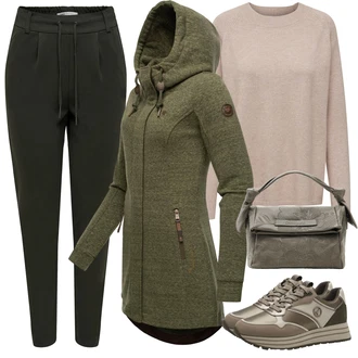 Outfit s Tmavě zelená/Khaki Pletená mikina s kapucí/Mikina/Originální mikina/Sportovní mikina/Mikina s polovičním zipem Ragwear "Perfektní na zimu"