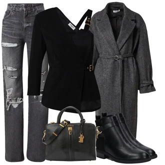 Elegantní Outfit s Černá Neobvyklá Halenka/Businessová Halenka/Halenka S 3/4 Rukávem/Elegantní Halenka/Halenka/Peplum blůza/Zavinování Halenka hoermanseder x about you "Perfektní na zimu"Look: Styl, Business, Jazz, Kancelář, Elegantní