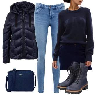 Outfit s Světle modrá/Modrá Kožená bunda/High Waist Džínové Kalhoty/Termální Džíny/Kožené Boty/Navlékací džíny/Slim Fit Džíny/Zimní bunda/Motorkářské Džíny/Push up Džín orsay "Perfektní na zimu"