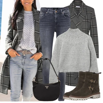 Outfit s Šedá/Tmavě zelená/Tmavě šedá Přechodový Kabát/Kašmírový Kabát/Kabát Bouclé/Midi Kabát/Zimní Kabát Vlněný kabát/Tweedový Kabát/Frock Kabát/Vlněný Kabát Lascana "Perfektní na zimu"