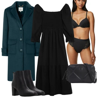 Midi Outfit s Černá/Hnědá Midi Šaty/Občanské šaty/Šaty s 3/4 Rukávem/Elegantní Šaty/Společenské šaty pro hosta/Šaty na Podzim/Ležérní Šaty/Asymetrické Šaty/Šaty s nadýchaným rukávem marks & spencer "Perfektní na zimu"