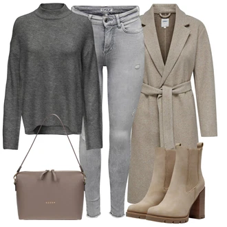 Outfit s Hnědá/Béžová/Khaki Kožená kotníková bota/Kožená bunda/Gumová Kotníková Bota/Chelsea Boty/Kotníková Bota s Podšívkou/Letní kotníková kozačka Only "Zimní outfity"