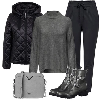 Outfit s Tmavě zelená/Šedá/Tmavě šedá/Černá Kozačka Motorkářská bota/Motorkářská Bota Tamaris "Perfektní na zimu"