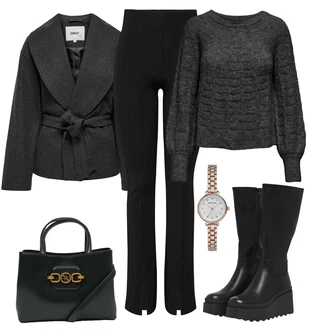 Outfity na zimu Rockový s Černá Kozačka Bota na Platformě/Bota se širokým nohavici Only "Perfektní na zimu"Look: S Mokrým Vzhledem, Rockový, Nadrozměrné
