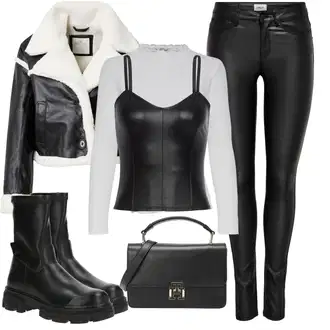 Motorka Zima Outfit s Černá/Bílá/Krémová Bunda Kožená Bomber Bund/Vintage Bund/Bunda z Umělé Kůže/Kožená vintage Bunda/Kožené Bund/Motorkářské Bund/Krátký Bund/Neobvyklá Bunda/Bunda z Jehněčí Kůže/Krátký Bund Hollister "Perfektní na zimu"Look: Motorka, Jízda na koni