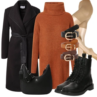 Vánoce Outfit s Hnědá/Oranžová Pletené Šaty/Šaty S Rolákem/Svetrové Šaty/Zimní Pletené Šaty Only "Perfektní na zimu"Look: Bar, Vánoce, Koncert, Biřmování, Škola, Valentýn