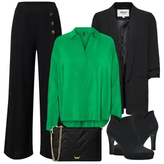 90tá léta Outfit s Zelená/Neonové barvy/Tyrkysový Jednobarevná Halenka/Crash blůza/Blůza s knoflíčkem/Halenka s Dlouhým Rukávem/Hedvábná Halenka/Kožená bunda pro muže/Slip-on Halenka/Oversize Halenka VERO MODA "Perfektní outfit do kanceláře"Look: Klasické, Rad, Styl, Emo, 90tá léta, Irský, Italský, Kancelář, Nadrozměrné, Pracovní oděvy, Retro