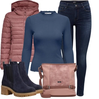 Outfit s Tmavě Modrá/Modrá Letní kotníková kozačka/Chelsea Boty/Kotníková Bota s Podšívkou/Kožená bunda Tamaris "Pohodlné zimní outfity"