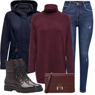Outfit s Červená/Tmavě červená/Růžová/Vínová/Fialová Kozačka Šněrovací Kotníková Bota/Klasická Kozačka/Motorkářská bota/Bojová Bota/Plochá Kotníková Bota Tamaris "Praktický vzhled"