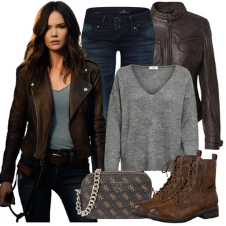 Lehké Outfit s Hnědá/Tmavě hnědá/Šedá/Fialová Kožené Bund/Přechodné Bundy/Motorkářské Bund/Bunda z Umělé Kůže/Kožená vintage bunda/Vosková Bunda Maze "Módní zimní outfit"