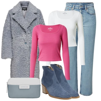 Outfit s Růžová Košile s dlouhým rukávem/Tričko & Top/Krátký Top/Sportovní top/Tričko/Krátký top/Jednoduchý top Hollister "Zimní outfity"