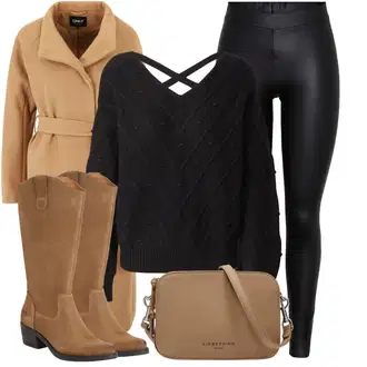 Outfit s Hnědá/Béžová Klasická kozačka/Kozačka po Kolena/Jezdecká Bota/Kovbojská Bota/Dlouhá Kozačka/Vintage kozačka/Kozačka se zipem/Bota se širokým nohavici Apple of Eden "Outfity na každý den"