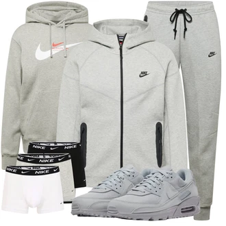Outfits für Mollige Schön mit Grau/Hellgrau Sporthose/Fleecehose/Cargo-Jogginghose/Trainingshose/Jogger Hose/Jerseyhose/Herren Lederjacke Nike Sportswear, Grau/Hellgrau Strick Hoodie/Partner Hoodie/Sport Hoodie/Sport Sweatshirt/Sweatjacke Nike Sportswear "Sport Outfit"Look: Hip Hop, Schön, Outdoor, Rap, Skater, Smart Casual, Rad, Sportlich