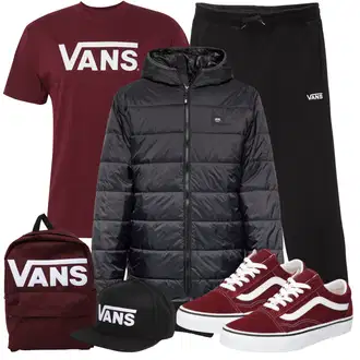 Lang Outfit mit Schwarz/Dunkelblau Hut Snapback Cap Vans "Sportlich Outfit"