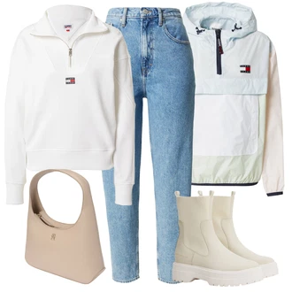 Outfit s Béžová/Krémová/Hnědá/Khaki/Bílá Gumová Kotníková Bota/Chelsea Boty/Plochá Kotníková Bota/Ovčí Kožešinová Bota/Kožená bunda Tommy Hilfiger "Sportovní zimní outfit"