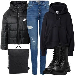 Outfit s Černá Šněrovací Kotníková Bota/Klasická kozačka/Šněrovací Kozačka na Platformě/Bojová Bota Pull&Bear "Sportovní zimní outfit"