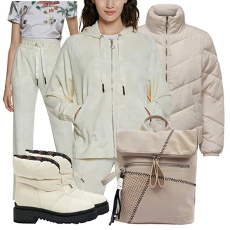 Outfit s Bílá/Béžová/Khaki Kozačka Boty do Sněhu/Zimní bota/Zimní Kozačka z jehněčí kůže/Vycpaná Kozačka/Zimní tenisky/Zimní kotníková bota Guess "Sportovní zimní outfit"