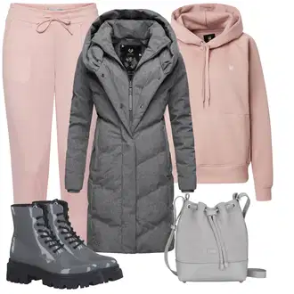 Outfit s Šedá/Tmavě šedá Zimní Kabát/Prošívaný kabát/Péřový Kabát/Dlouhý Péřový Kabát/Kabát s Kapucí/Kabát se Zipem/Parka/Dlouhý Zimní Kabát Ragwear "Sportovní zimní outfit"