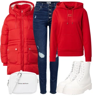 Streetwear Outfit s Červená Vintage Mikina/Sportovní Mikina/Sportovní Mikina/Mikina s kapucí/Svetr S Kapucí/Pletená Mikina s kapucí/Originální Mikina Hugo "Sportovní zimní outfit"Look: Pohodlný, Sportovní, Pracovní oděvy, Unisex, Egirl, Streetwear