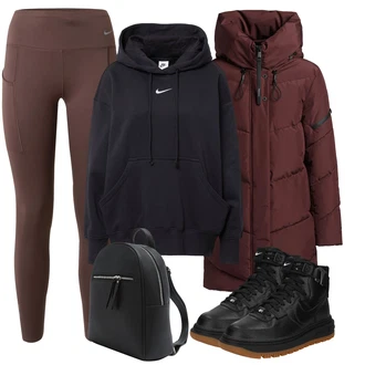 Outfit s Šedá/Hnědá/Khaki/Béžová/Fialová Legíny Sportovní Legína/Legíny s Vysokým Pasem/Cyklistická Kalhoty/Termo Kalhoty/Sportovní kalhoty/Funkční Kalhoty/Strečová Kalhoty/7/8 Kalhoty/Běžecká Kalhoty/Tregíny Nike "Sportovní zimní outfit"