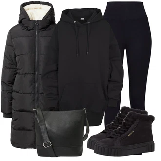 s kapucí Outfit s Černá Oversize mikina/Kožená bunda About You "Sportovní zimní outfit"