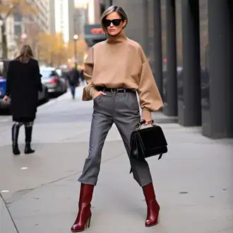 Chic Outfits Poslovna mit Pleteni Pulover/Kardigan iz kašmirja/Kardigan z okroglim izrezom/Kardigan s stoječim ovratnikom/Zimski kardigan/Volnena jopica/2-v-1 Pulover/Osnovni Pulover/Pulover iz Kašmirja/Pulover z Izrezom/Slap Izrez Pulover/Fini Pleteni Pulover/Pulover s kapuco/Women's Pullovers with Stand-up Collar/Pulover z zadrgo/Preprost Pulover/Pulover z ovratnikom/Zimski Pulover/Volnen Pulover koton "Stari denarni slog z sivimi chino hlačami"Look: Kolo, Lak, Hip Hop, Poslovna, Kul, Francoski, Modernen, Lepo, Pisarna, Pametno priložnostno