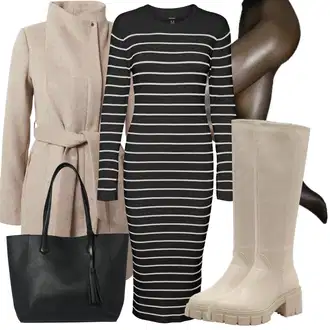 Prugasto Outfit sa Crna/Zeleno/Žuta/Bijela Haljina dugih rukava/Duga pletena Haljina/Midi Haljina/Haljina S Visokim Ovratnikom/Džemper Haljina/Zimska Haljina dugih rukava VERO MODA "Odličan look za slobodno vrijeme"
