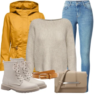 Outfit s Hnědá/Khaki/Béžová Kozačka Kožená bunda/Klasická Kozačka/Bojová Bota/Plochá Kotníková Bota/Šněrovací Kozačka/Kotníková Bota s Podšívkou MARCO TOZZI "Módní zimní outfit"