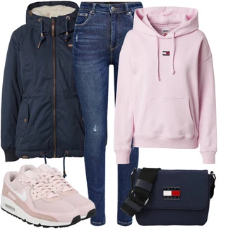 Streetwear Outfit s Růžová/Fialová Pletená Mikina s kapucí/Mikina/Svetr S Kapucí/Vintage Mikina/Originální Mikina/Sportovní Mikina Tommy Jeans "Skvělý vzhled pro volný čas"Look: Pohodlný, Sportovní, Streetwear